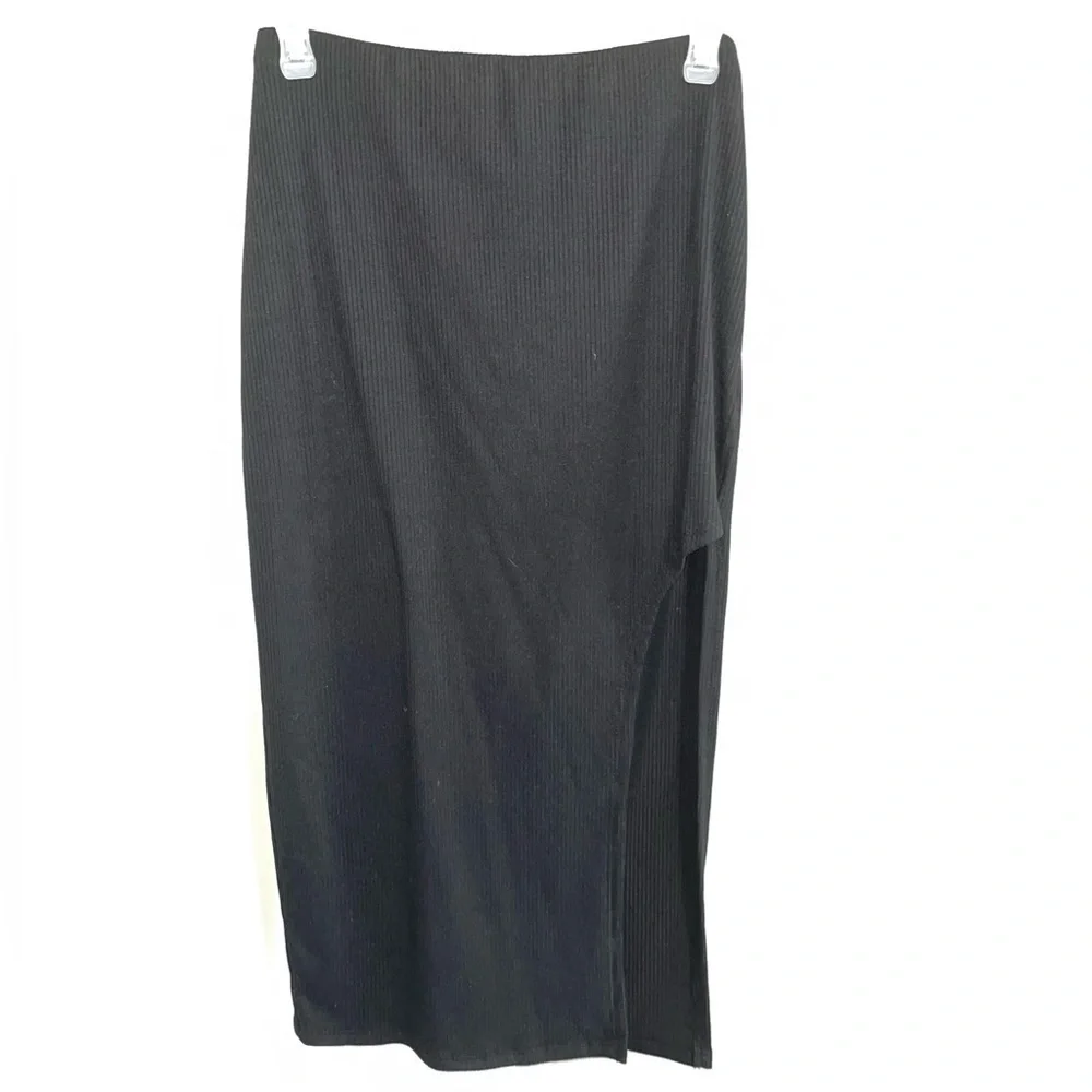 Ninexis Black Ribbed Knit Midi Skirt M High Slit Bodycon Stretch Edgy - Picture 2 of 7